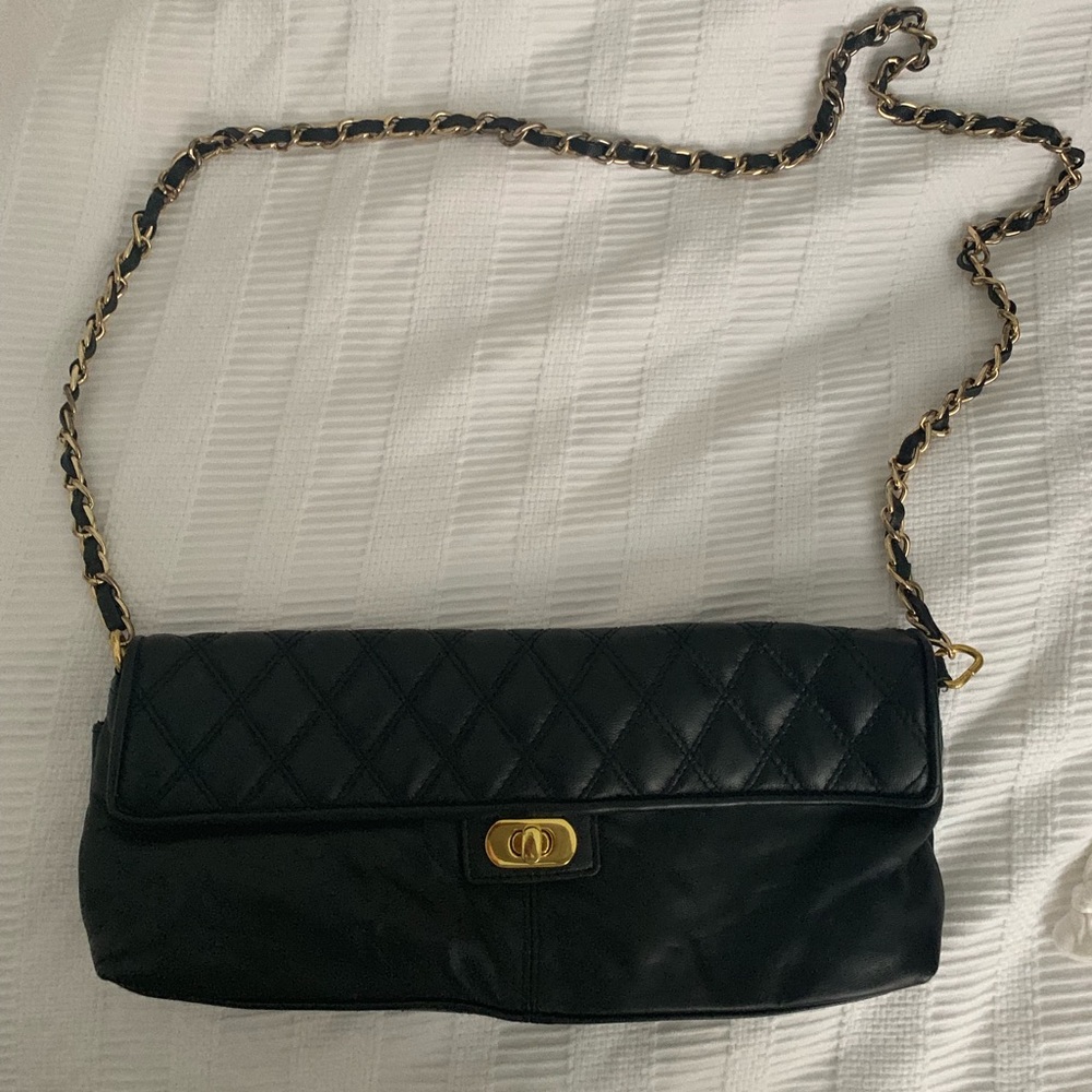 Black Quilted leather bag - with gold chain